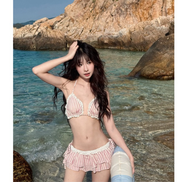 EDA - Set 3 Món 2 Mảnh Bikini Tí Hon  Cúp Ngực Tam Giác Ren - Kẻ Hồng Trắng Thắt Dây Xinh Xắn