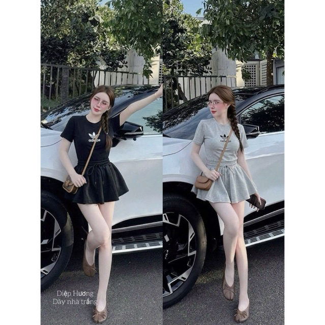 Set Bộ Áo Thun Pozip Tay Ngắn In Chữ + Chân Váy Bí Xoè Có Lót Quần
