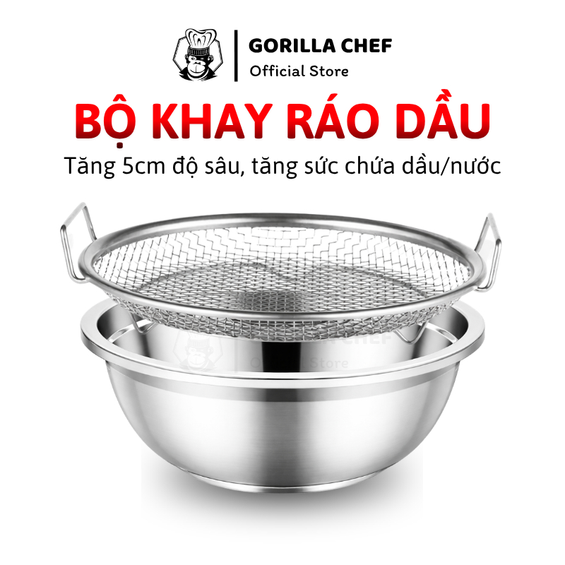 Bộ thau inox kèm vỉ lọc dầu inox 20cm Gorilla Chef dùng đựng đồ chiên ...