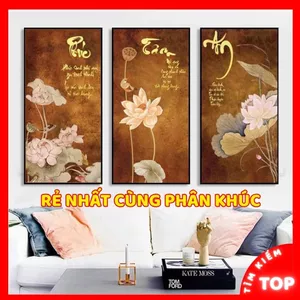 Tranh Thư Pháp Hoa Sen Chữ Phúc - Tâm - An Treo Phòng Khách Bàn Ăn - Tranh Treo Nhà Hàng Chay, Thiền Đinh Cao Cấp