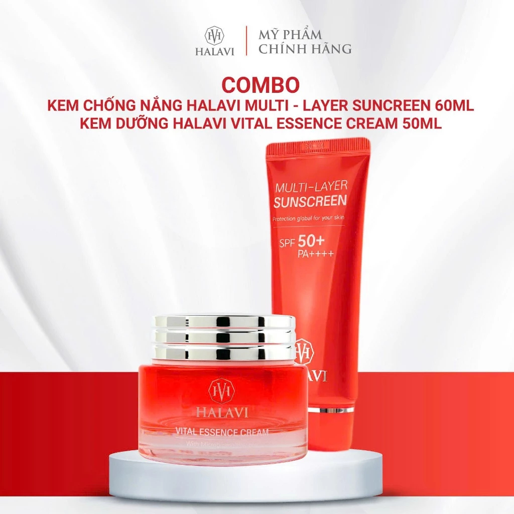 [COMBO 3 SẢN PHẨM] Kem chống nắng đa tầng + sữa rửa mặt Halavi Radiance BHA- Collagen+ kem Halavi Vital Essence Cream T