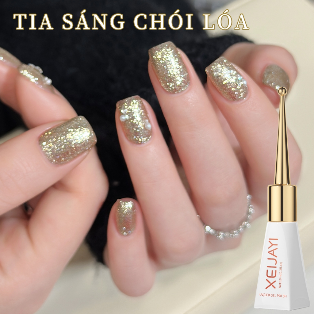 XEIJAYI 10ML-Sơn móng tay dạng gel lấp lánh màu vàng sâm panh mới, độ bóng lâu trôi, thích hợp để làm móng tay DIY