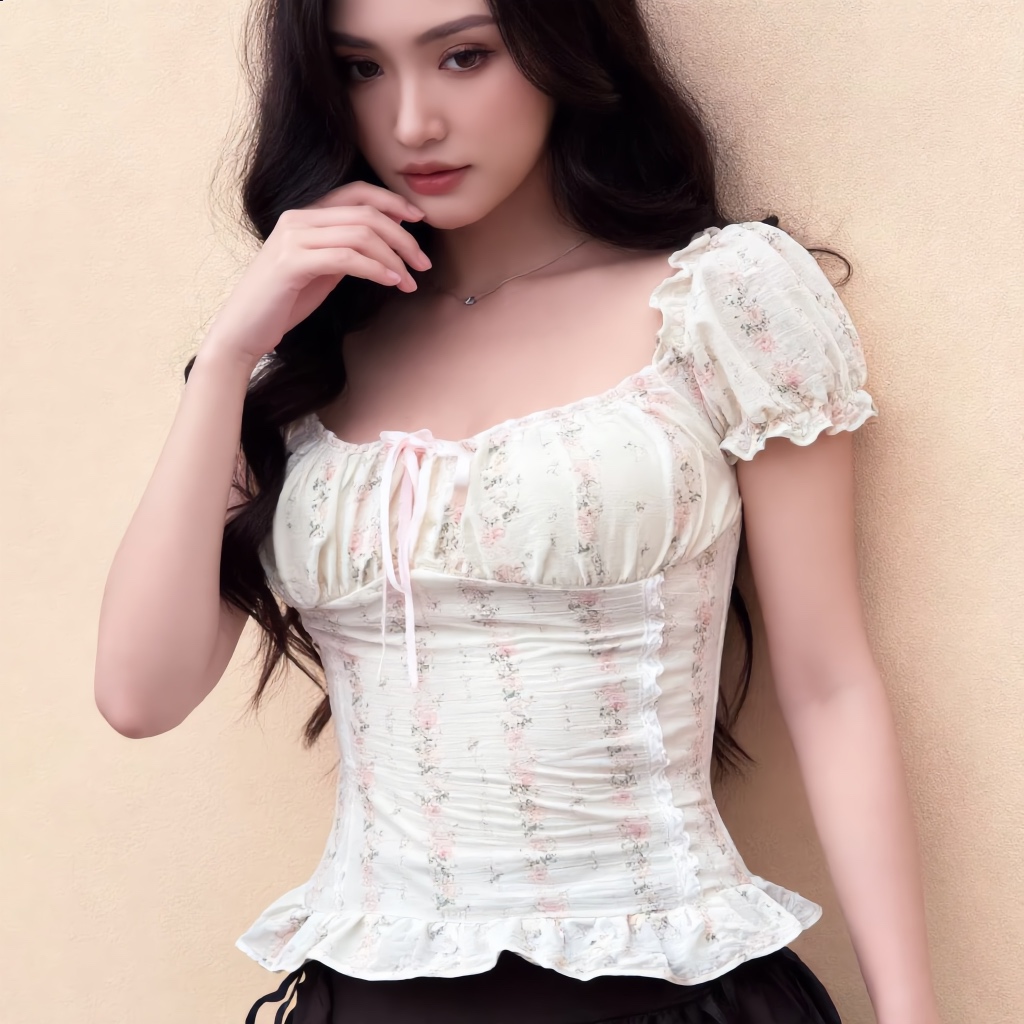 Áo Babydoll Nữ Dáng Cotteque Tiểu Thư Mặc Được 2 Kiểu Chi Tiết Tay Bồng Có Chiết Eo mùa hè