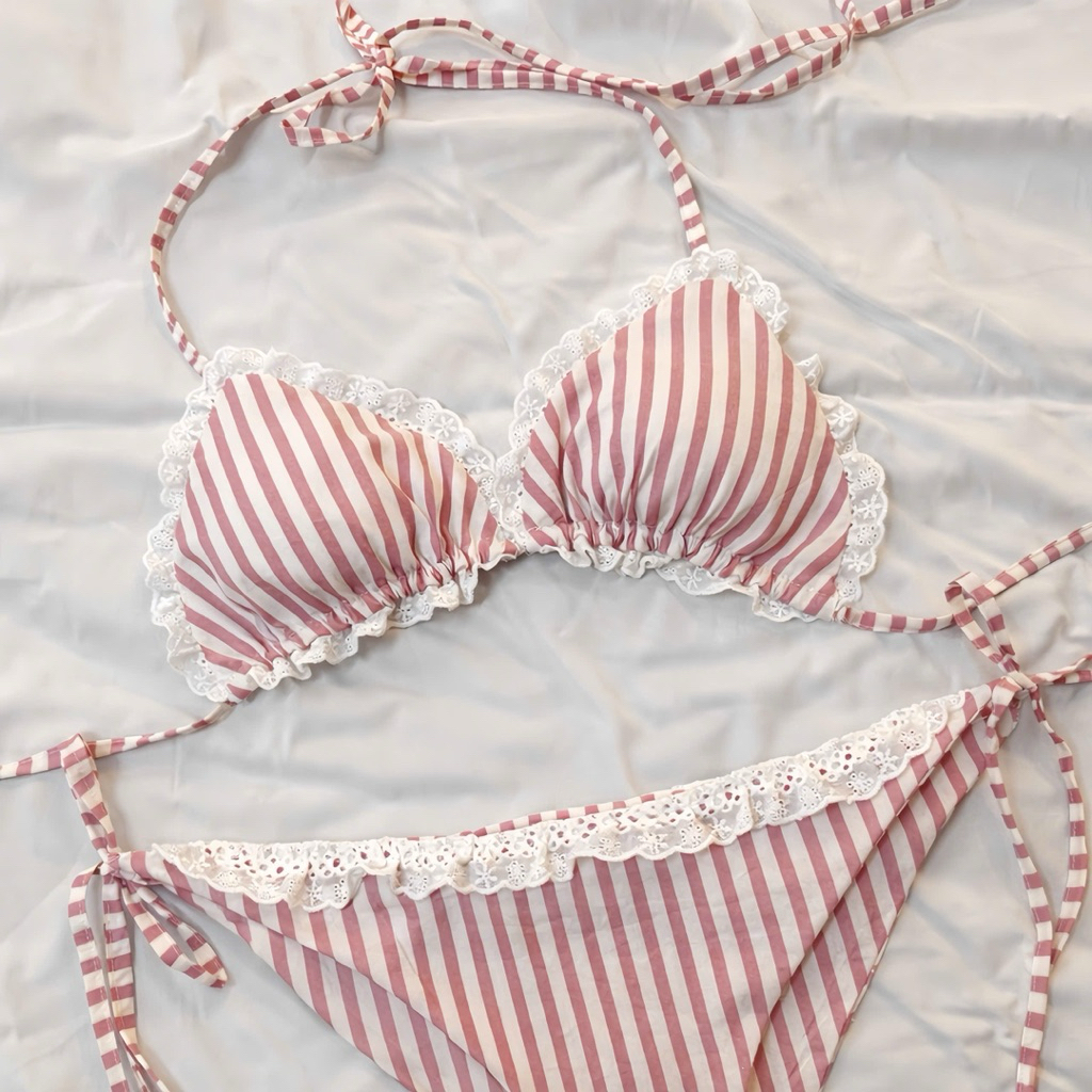 EDA - Set 3 Món 2 Mảnh Bikini Tí Hon  Cúp Ngực Tam Giác Ren - Kẻ Hồng Trắng Thắt Dây Xinh Xắn
