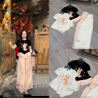 Sét áo nhung the cộc tay thêu thỏ nâu điểm hoa vạt nhọn + quần xuông lụa