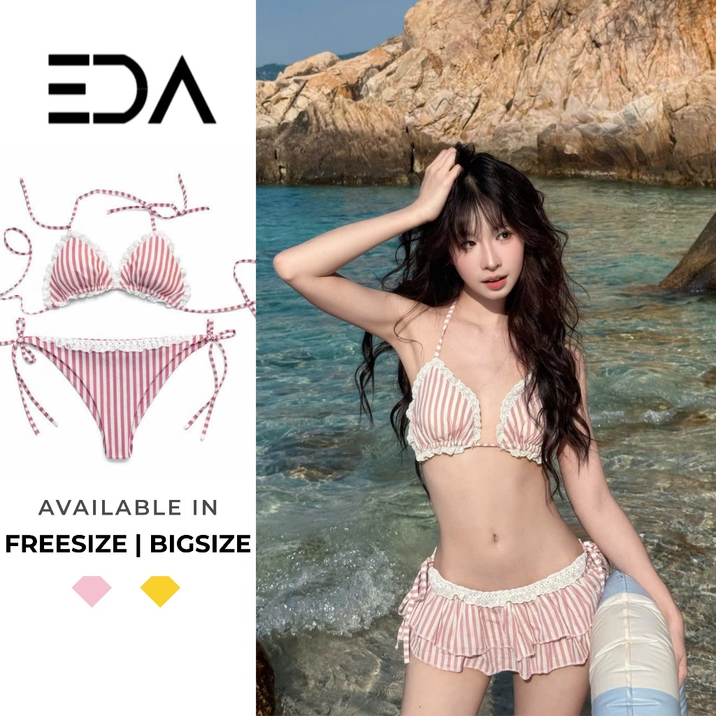 EDA - Set 3 Món 2 Mảnh Bikini Tí Hon  Cúp Ngực Tam Giác Ren - Kẻ Hồng Trắng Thắt Dây Xinh Xắn