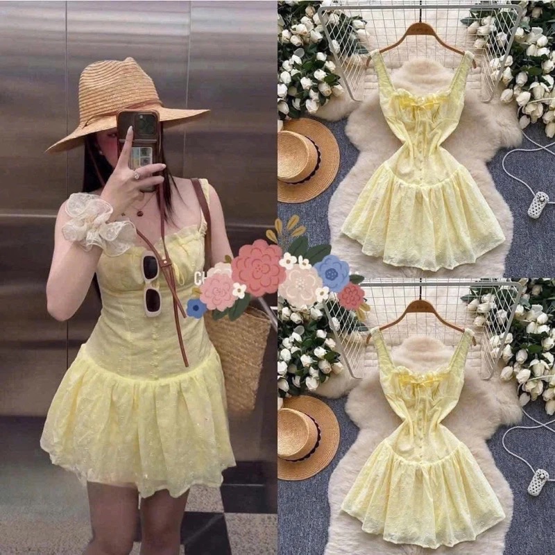 Đầm ren xô boi 2 dây, phối tùng xoè cột nơ siêu xinh