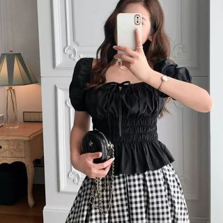 Áo cổ vuông tay phồng ngắn ôm dáng babydoll chất cotton đen trắng xanh xinh VANISA CT400