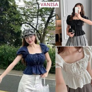 Áo cổ vuông tay phồng ngắn ôm dáng babydoll chất cotton đen trắng xanh xinh VANISA CT400