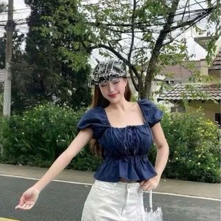 Áo cổ vuông tay phồng ngắn ôm dáng babydoll chất cotton đen trắng xanh xinh VANISA CT400