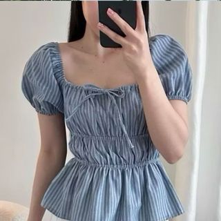 Áo cổ vuông tay phồng ngắn ôm dáng babydoll chất cotton đen trắng xanh xinh VANISA CT400