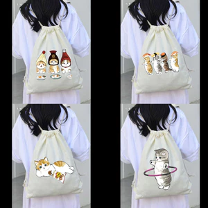 Balo canvas dây rút hình mèo con dễ thương-balo dây rút size 35x40cm đi học đi chơi phong cách tuipa016