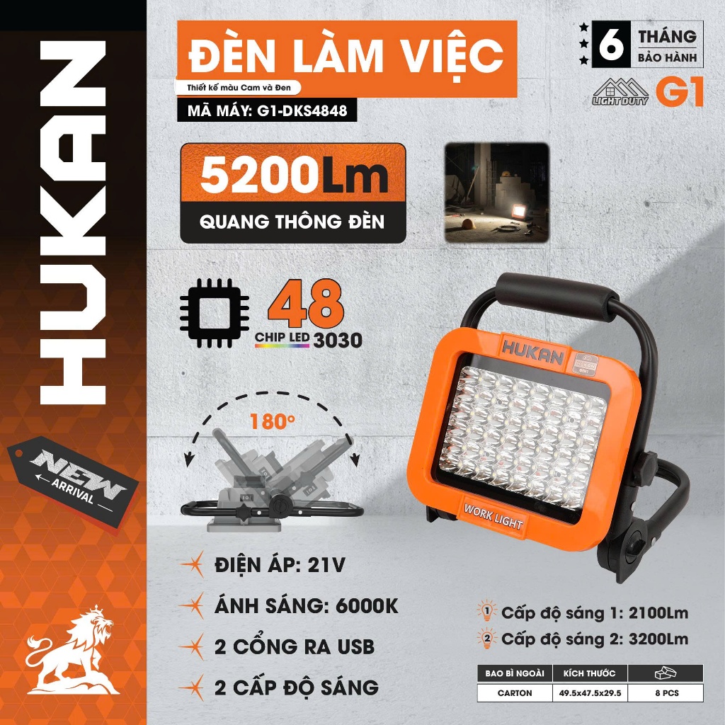 Đèn LED Tích Điện 21V HUKAN G1-DKS4848 | Công Suất 48W - Đèn Chiếu Sáng Công Trình Có USB | Ánh Sáng Trắng 6000K