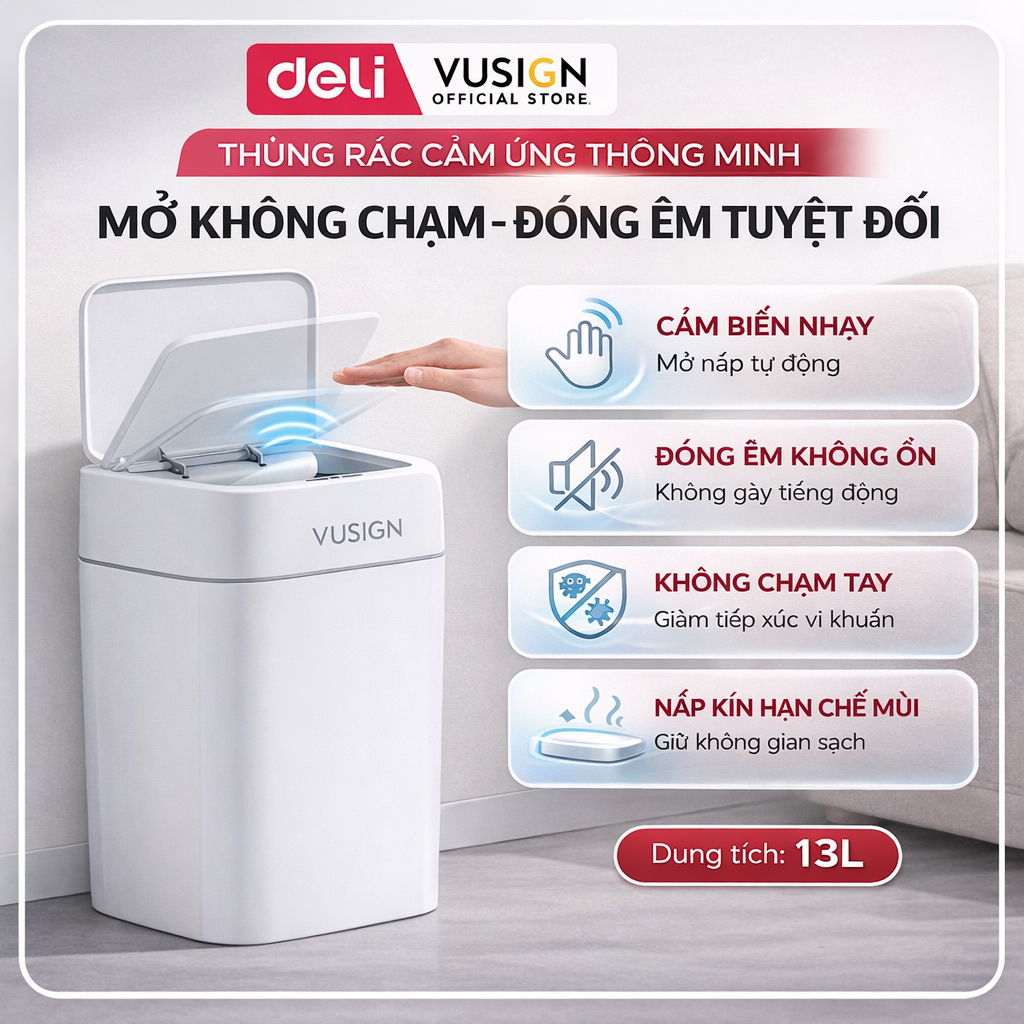Thùng rác có nắp thông minh cảm biến tự đóng mở 13L/18L Deli chống thấm nước khử mùi thích hợp phòng khách, phòng bếp
