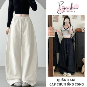 Quần Kaki Nữ MIAA Ống Cong Cạp Chun Dây Rút Nâu Mocha Quần Kaki Unisex Form Ống Cong Rộng Không Nhăn