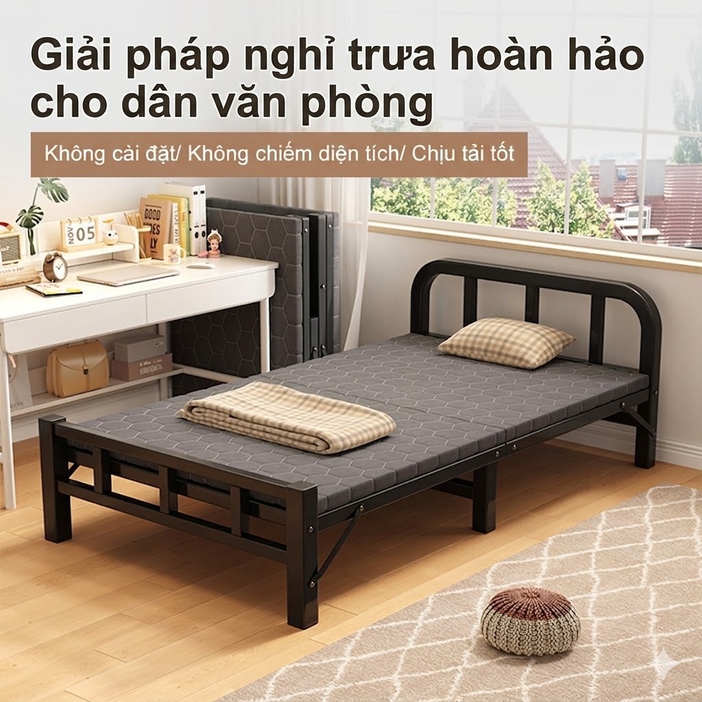 CONOCO Giường Gấp Gọn Kèm Đệm 75-120cm Giường Xếp Văn Phòng Khung Thép Bảo Hành 12 Tháng