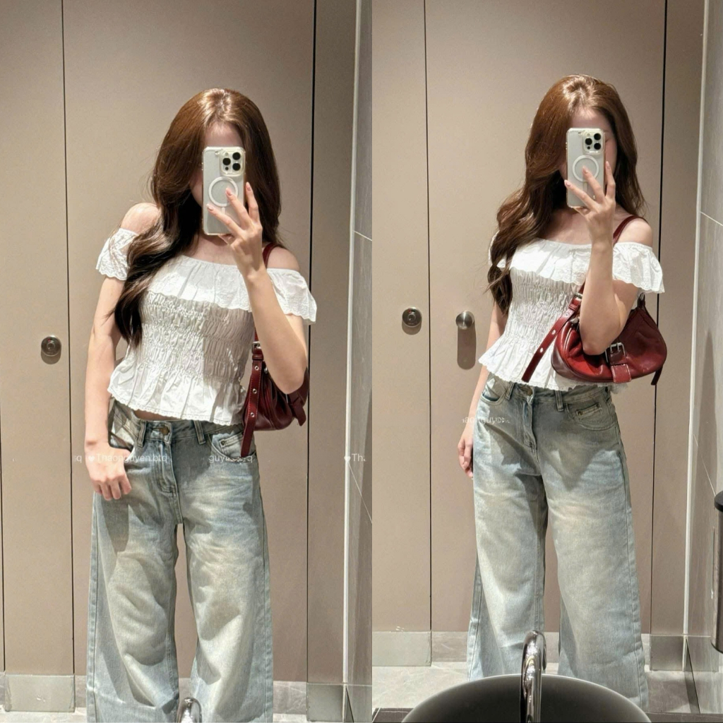 EMLY - Áo Ren Chun Trễ Vai Nữ Co Giãn, Áo Ren Dáng Xòe Tiểu Thư Quyến Rũ