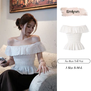 EMLY - Áo Ren Chun Trễ Vai Nữ Co Giãn, Áo Ren Dáng Xòe Tiểu Thư Quyến Rũ