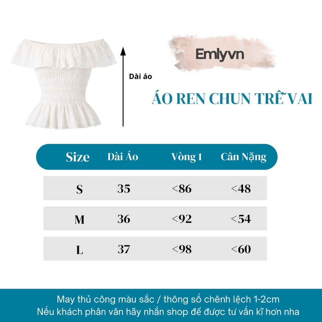 EMLY - Áo Ren Chun Trễ Vai Nữ Co Giãn, Áo Ren Dáng Xòe Tiểu Thư Quyến Rũ