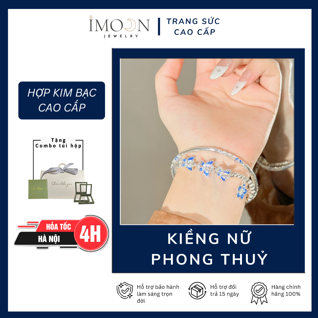 Lắc tay kiềng nữ hoa đính đá họa tiết khắc chìm dạ quang Imoon Jewelry