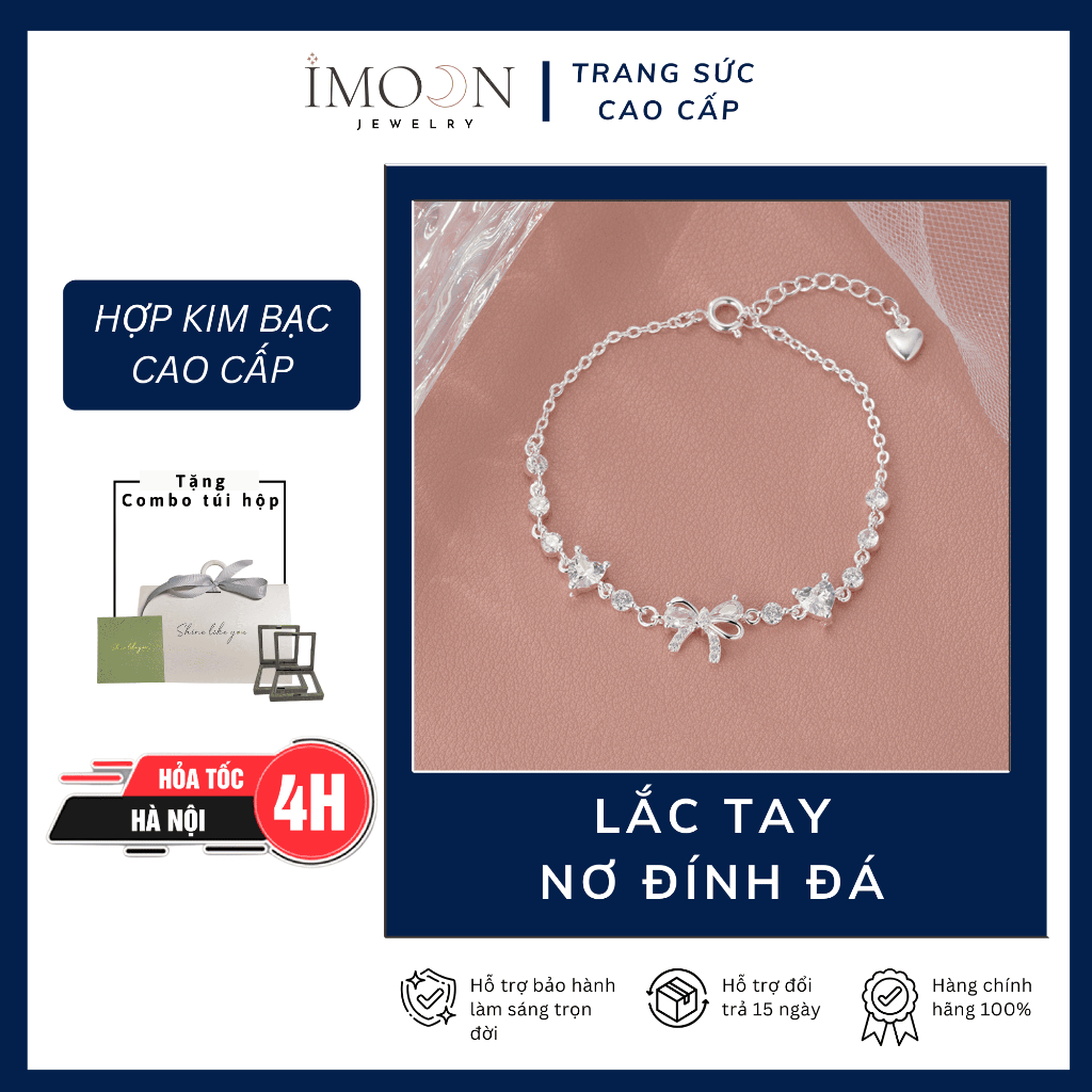 Lắc tay nơ đính đá hồng, đá trắng cao cấp, lắc tay titan bạc nữ không gỉ IMOON064