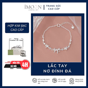 Lắc tay nơ đính đá hồng, đá trắng cao cấp, lắc tay titan bạc nữ không gỉ IMOON064