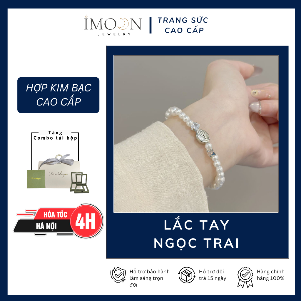 Lắc tay nữ charm vỏ sò khảm đá dạng chuỗi ngọc trai cao cấp Imoon Jewelry