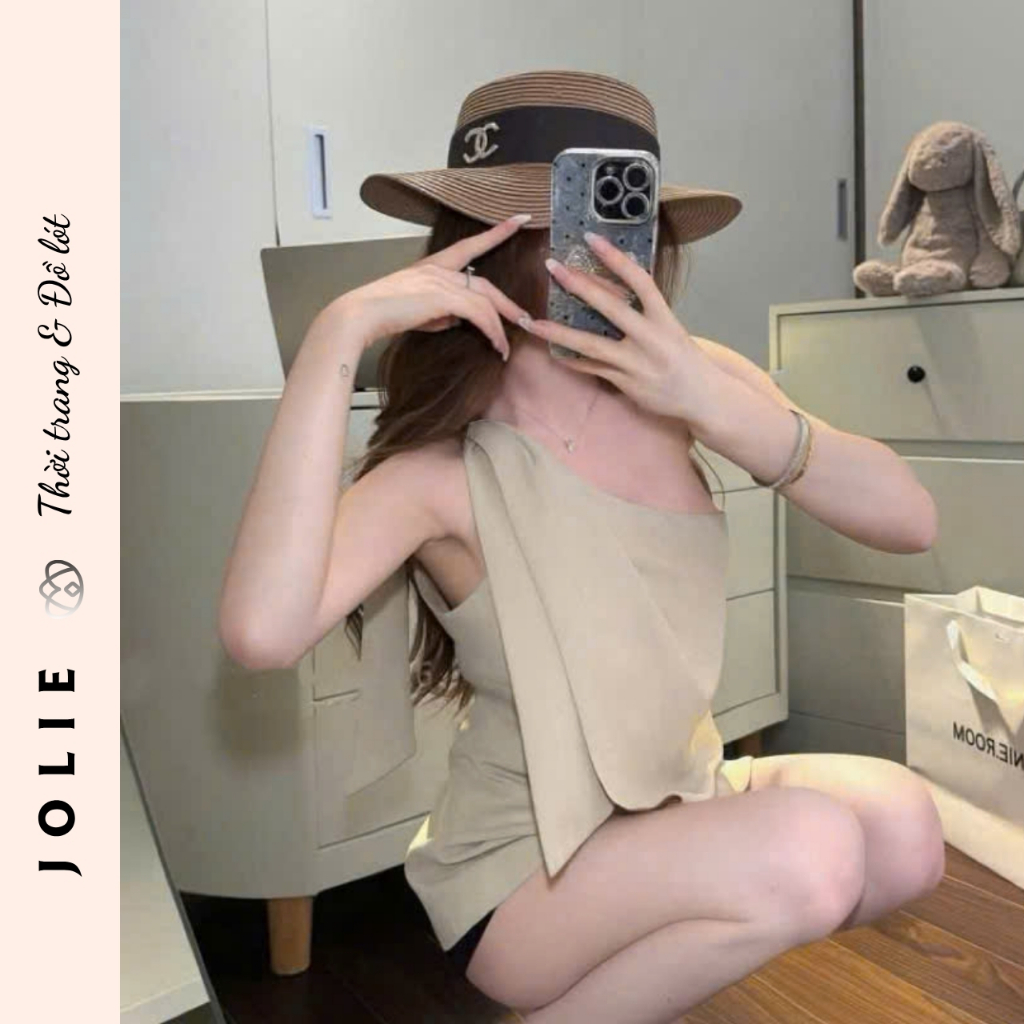 Set Bộ Áo Lệch Vai Dáng Dài Phối Quần Suông Rộng Cao Cấp Sang Trọng - JOLIE