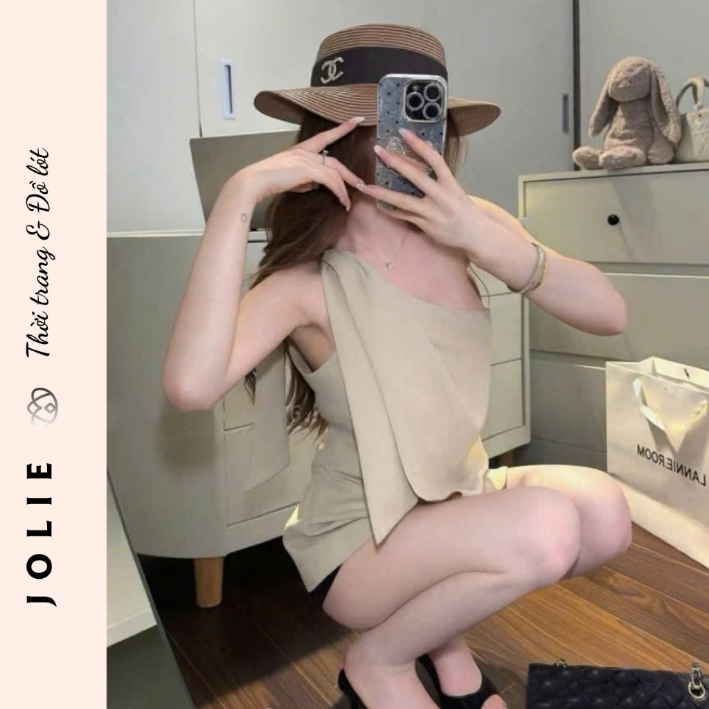 Set Bộ Áo Lệch Vai Dáng Dài Phối Quần Suông Rộng Cao Cấp Sang Trọng - JOLIE