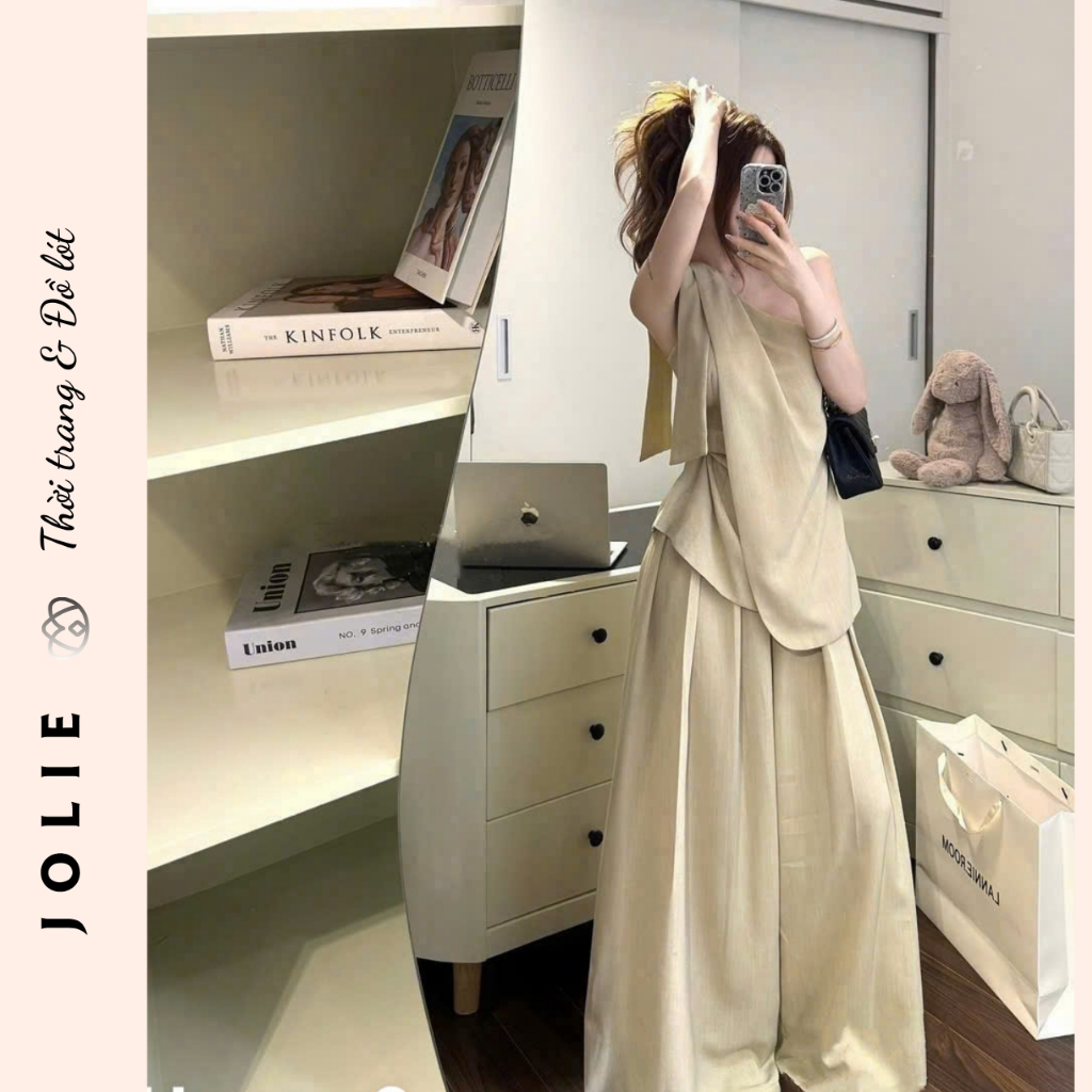 Set Bộ Áo Lệch Vai Dáng Dài Phối Quần Suông Rộng Cao Cấp Sang Trọng - JOLIE