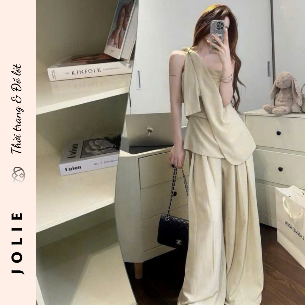 Set Bộ Áo Lệch Vai Dáng Dài Phối Quần Suông Rộng Cao Cấp Sang Trọng - JOLIE