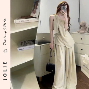 Set Bộ Áo Lệch Vai Dáng Dài Phối Quần Suông Rộng Cao Cấp Sang Trọng - JOLIE
