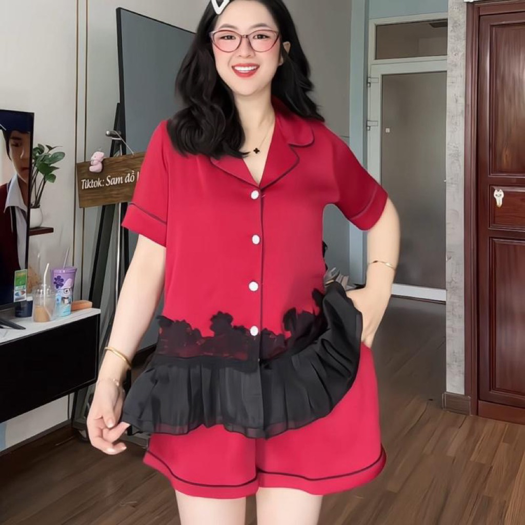 40-62kg  - Bộ tiểu thư lụa DẬP LY PHỐI REN pijama mặc nhà cho nữ trơn quần có túi Nữ