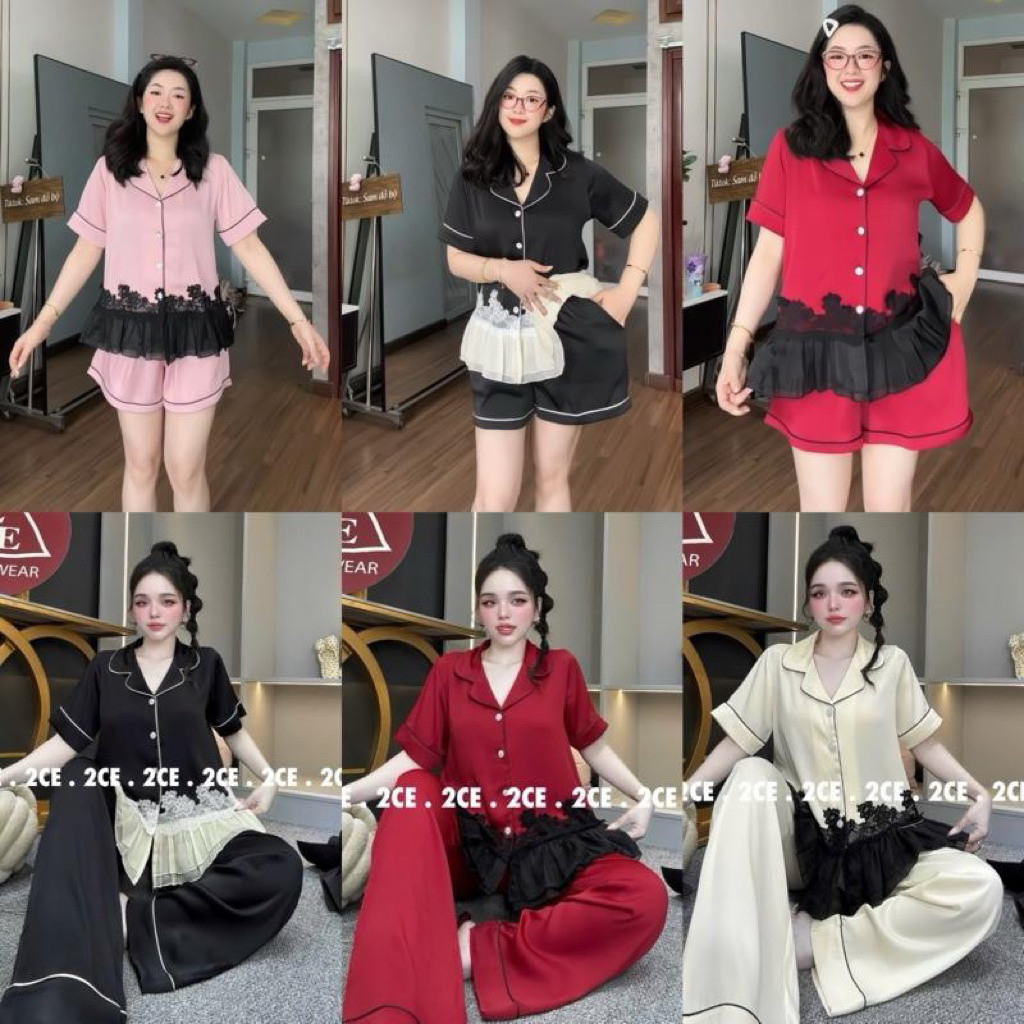 40-62kg  - Bộ tiểu thư lụa DẬP LY PHỐI REN pijama mặc nhà cho nữ trơn quần có túi Nữ