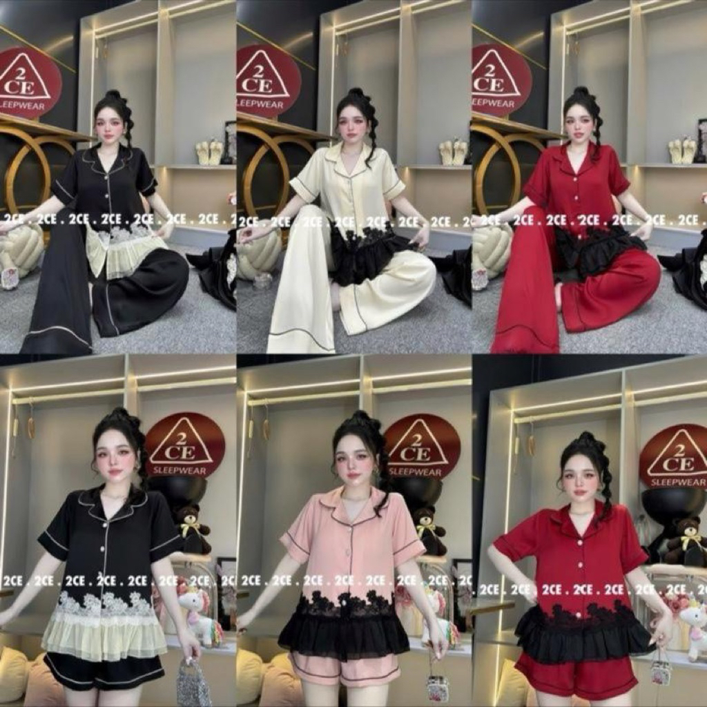 40-62kg  - Bộ tiểu thư lụa DẬP LY PHỐI REN pijama mặc nhà cho nữ trơn quần có túi Nữ