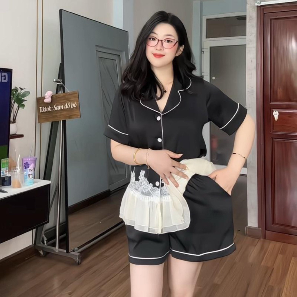 40-62kg  - Bộ tiểu thư lụa DẬP LY PHỐI REN pijama mặc nhà cho nữ trơn quần có túi Nữ