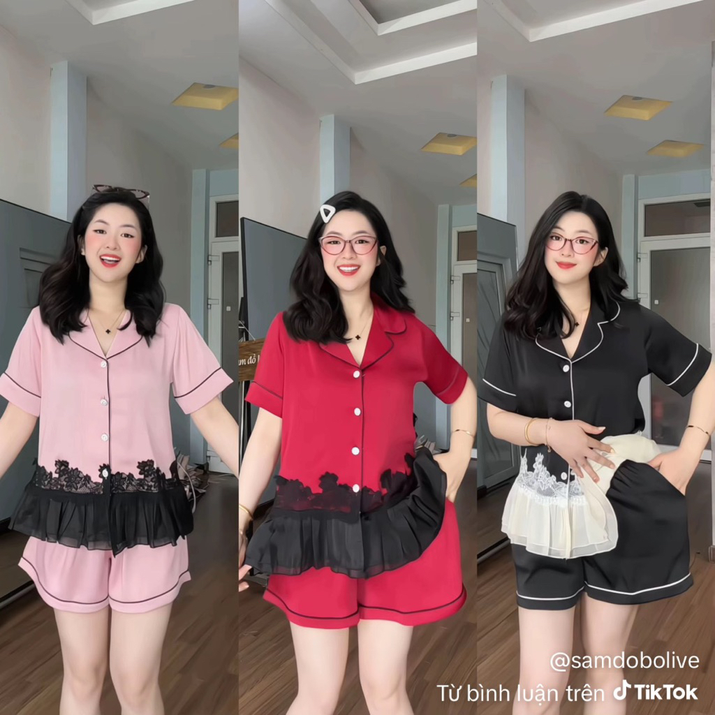 40-62kg  - Bộ tiểu thư lụa DẬP LY PHỐI REN pijama mặc nhà cho nữ trơn quần có túi Nữ