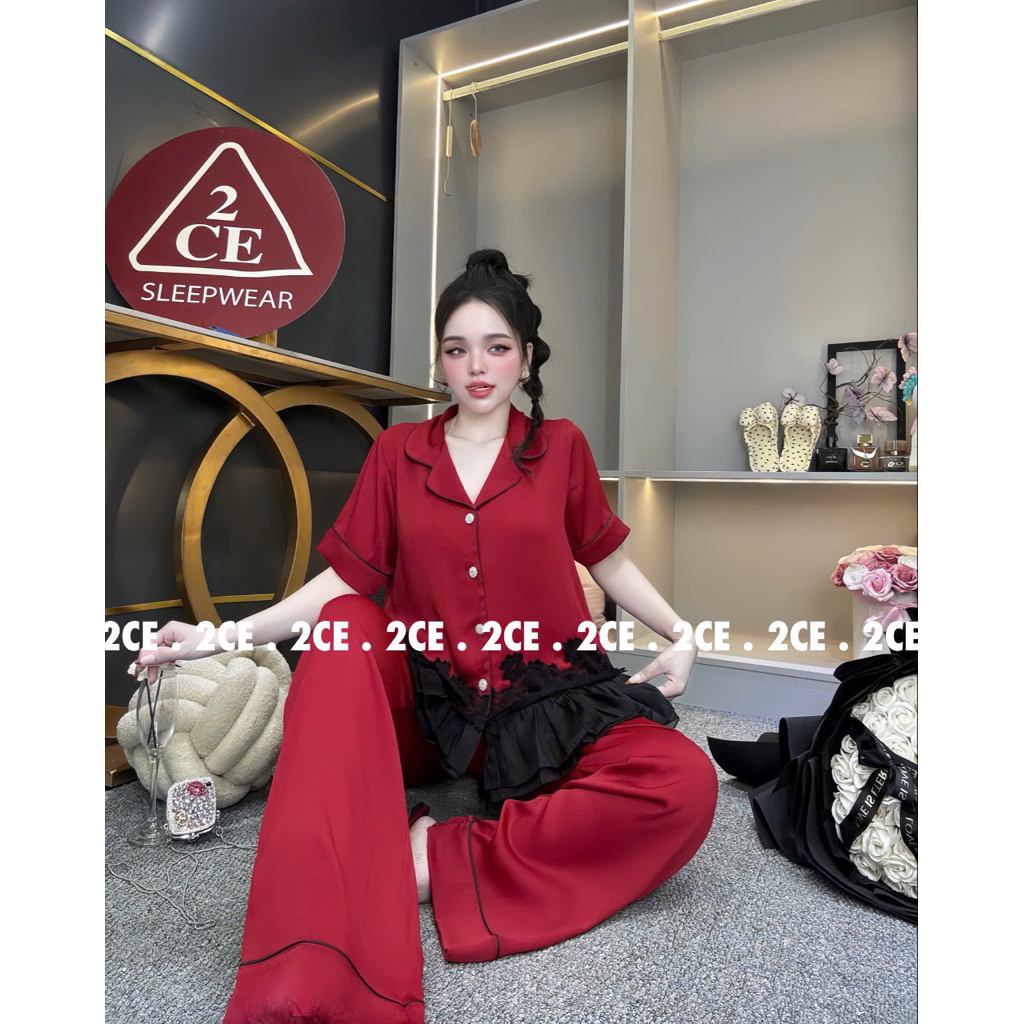 40-62kg  - Bộ tiểu thư lụa DẬP LY PHỐI REN pijama mặc nhà cho nữ trơn quần có túi Nữ