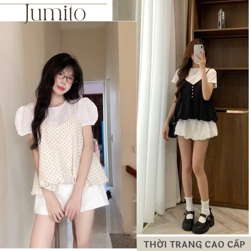 set áo 2 món nữ, áo thun tay phồng mix áo dây chấm bi trendy JUMITO HCOM27218