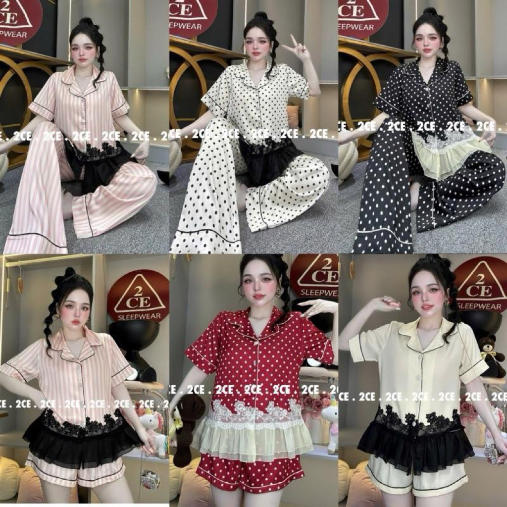 40-62kg Bộ pijama mặc nhà tiểu thư phối ren lai nữ lụa latin tơ tằm mềm mát