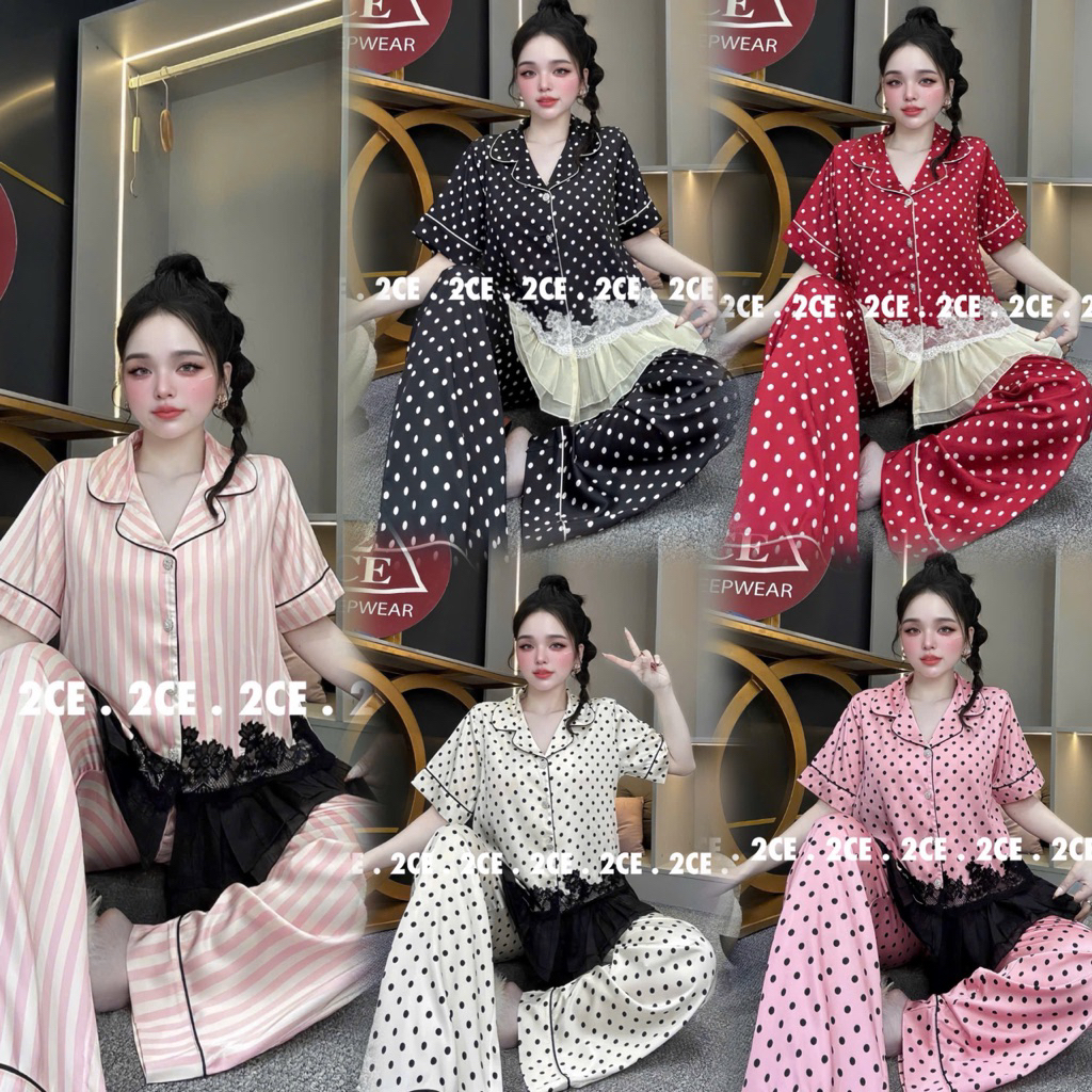 40-62kg Bộ pijama mặc nhà tiểu thư phối ren lai nữ lụa latin tơ tằm mềm mát
