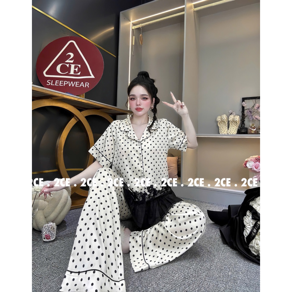 40-62kg Bộ pijama mặc nhà tiểu thư phối ren lai nữ lụa latin tơ tằm mềm mát