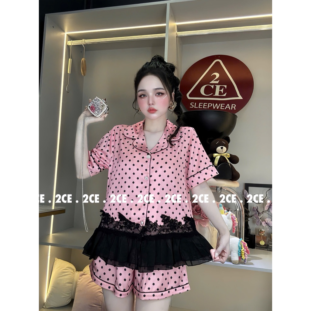 40-62kg Bộ pijama mặc nhà tiểu thư phối ren lai nữ lụa latin tơ tằm mềm mát