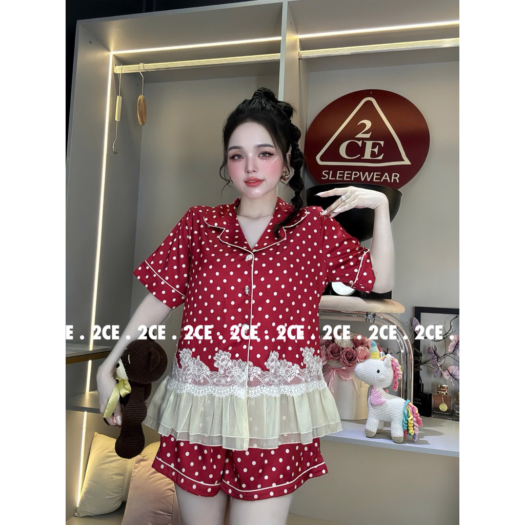 40-62kg Bộ pijama mặc nhà tiểu thư phối ren lai nữ lụa latin tơ tằm mềm mát