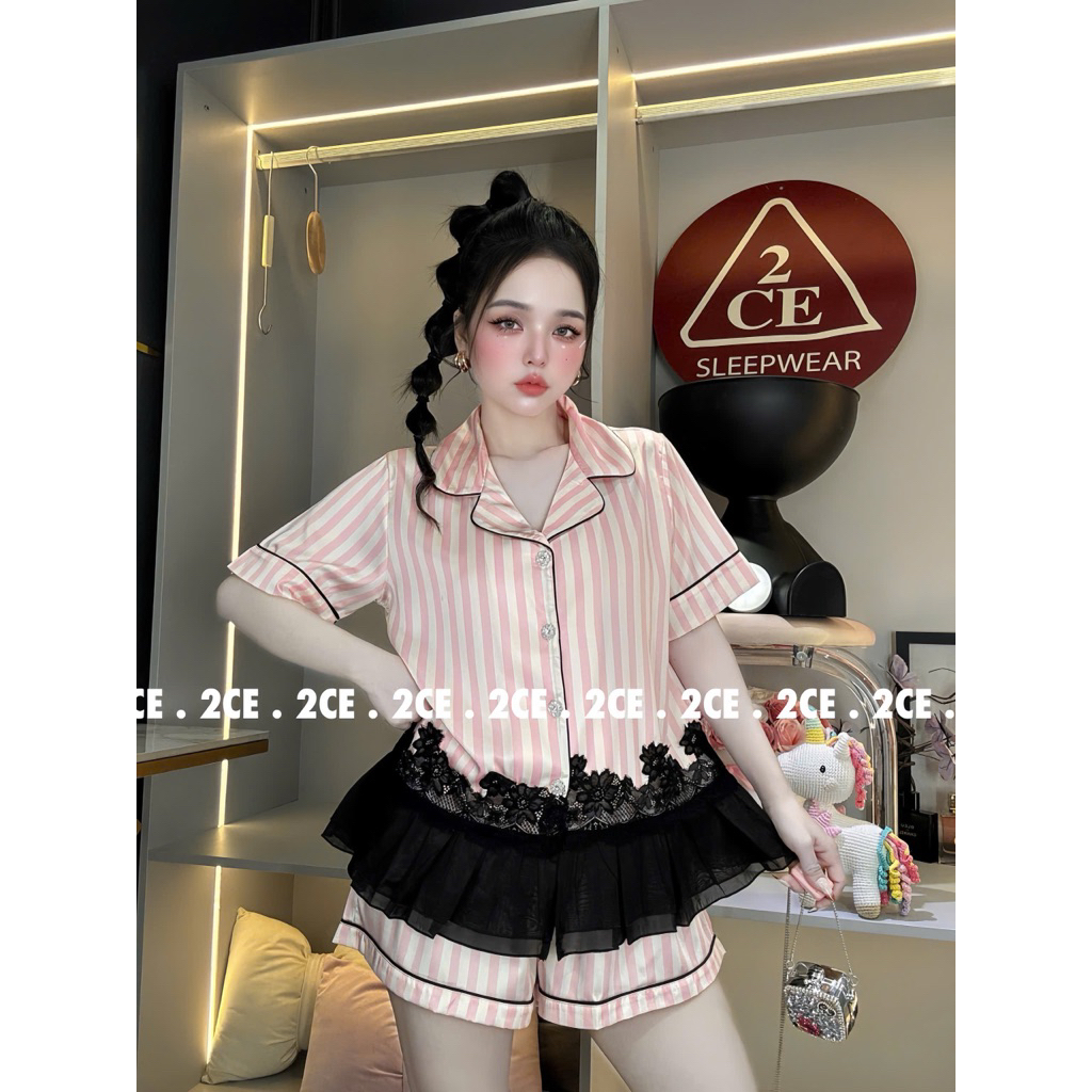 40-62kg Bộ pijama mặc nhà tiểu thư phối ren lai nữ lụa latin tơ tằm mềm mát