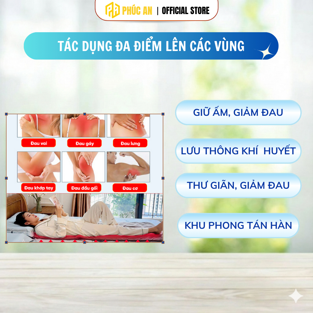 Combo tiết kiệm Thảm Đai ngải cứu Phúc An, đủ bộ chăm sóc lưng bụng, vai, giảm đau mỏi cơ xương khớp