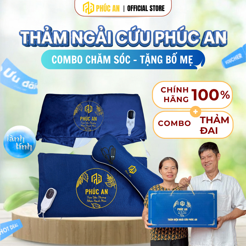 Combo tiết kiệm Thảm Đai ngải cứu Phúc An, đủ bộ chăm sóc lưng bụng, vai, giảm đau mỏi cơ xương khớp