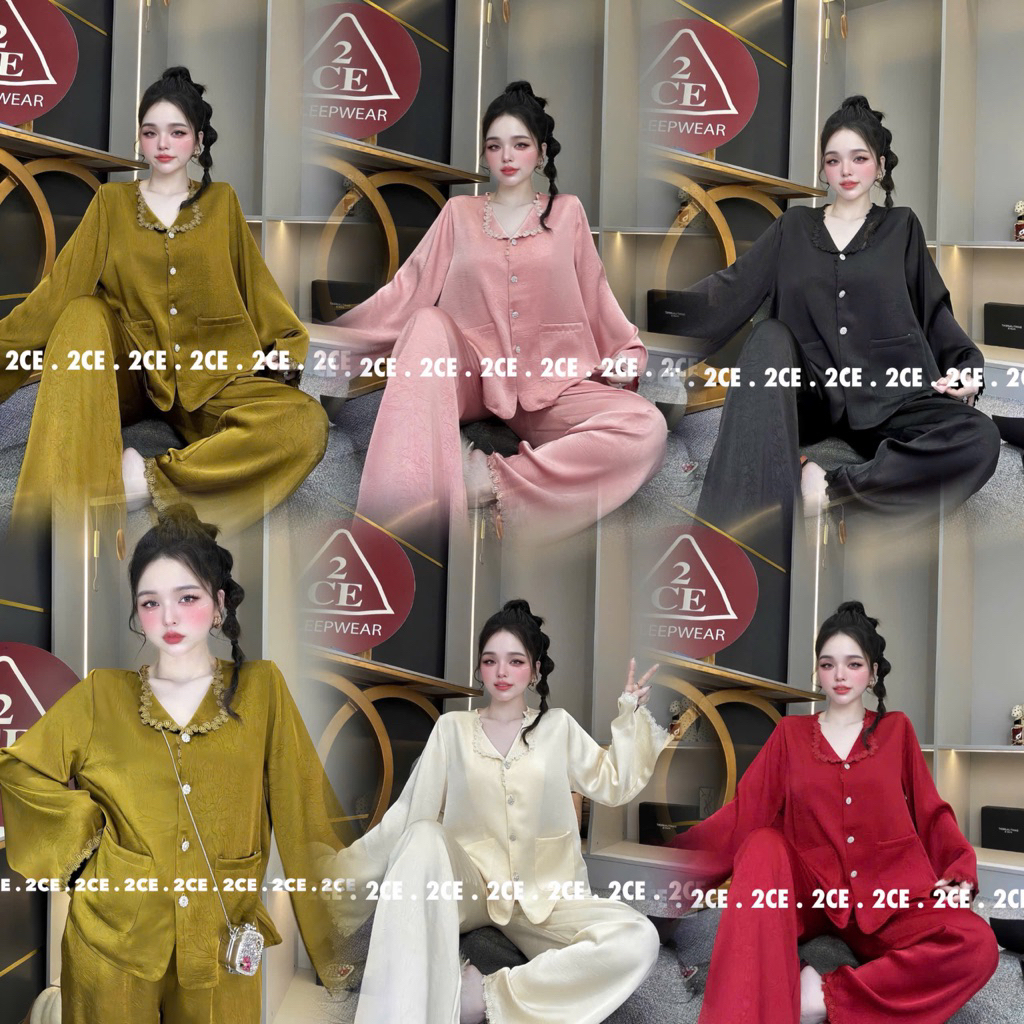 40-62kg Bộ piyama tiểu thư phối ren lụa Vân gỗ sang mềm mịn cho nữ