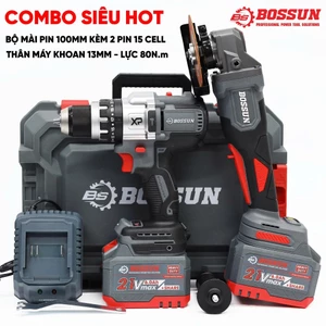 Combo BOSSUN 21V Máy Mài Góc M21B-AG100PRO + Máy Khoan Pin 13mm M21B-ID1380BL – 80Nm, Brushless, 2 Pin 6.0Ah