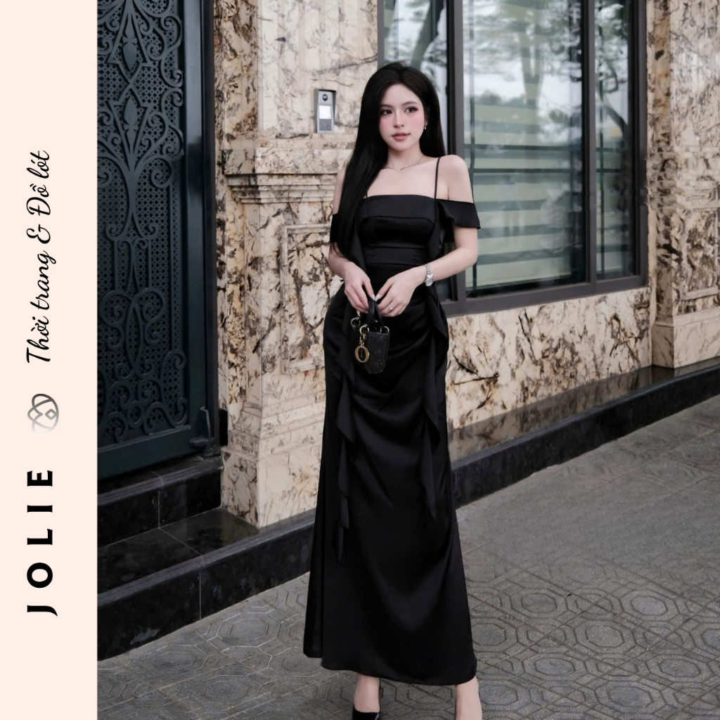 Váy Dạ Hội Hai Dây Trễ Vai Phối Bèo Nhún Dáng Dài Sang Trọng Cao Cấp - JOLIE